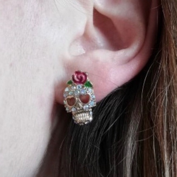 Calavera Sugar Skull Rhinestone Earrings - Picture 4 of 4